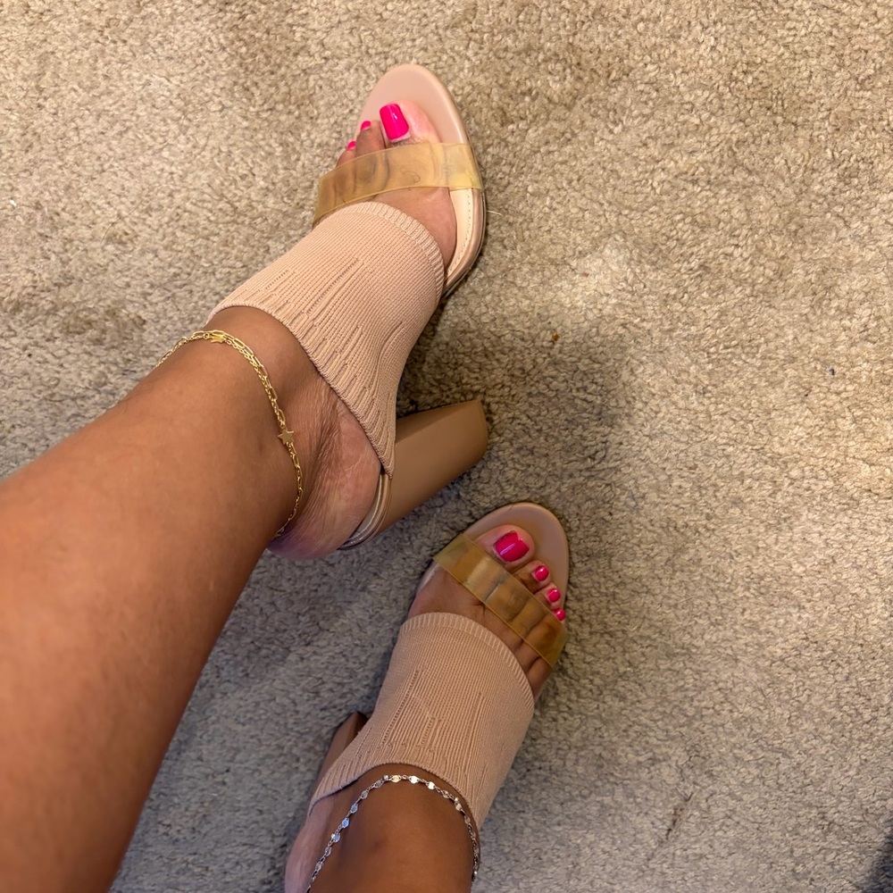 Zara Nude Knit Block Heel Sandals with Translucent Strap